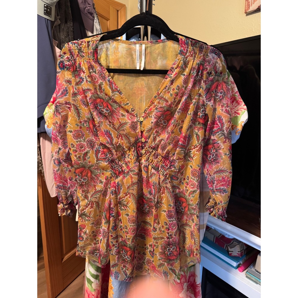 Anthropologie Floral Mesh V-Neck Smocked Waist Blouse Mustard Red Boho Top S/M?